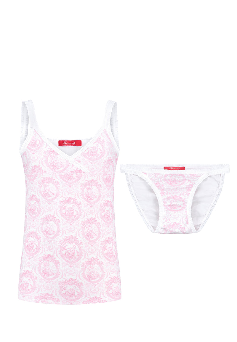Set Camisole and Tanga pink Toile girly ruffle edges