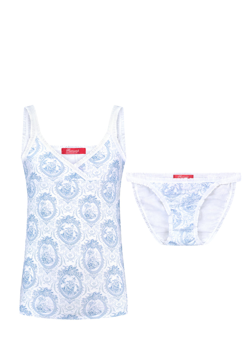 Set Camisole and Tanga blue Toile girly ruffle edges