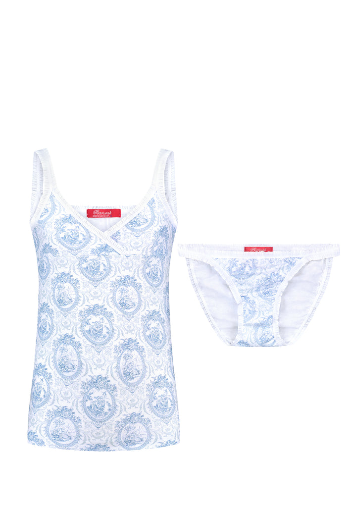 Luxury blue Toile camisole and tanga set for girls made from soft cotton with feminine ruffle edges. Comfortable, elegant and perfect fit. Available in many sizes.