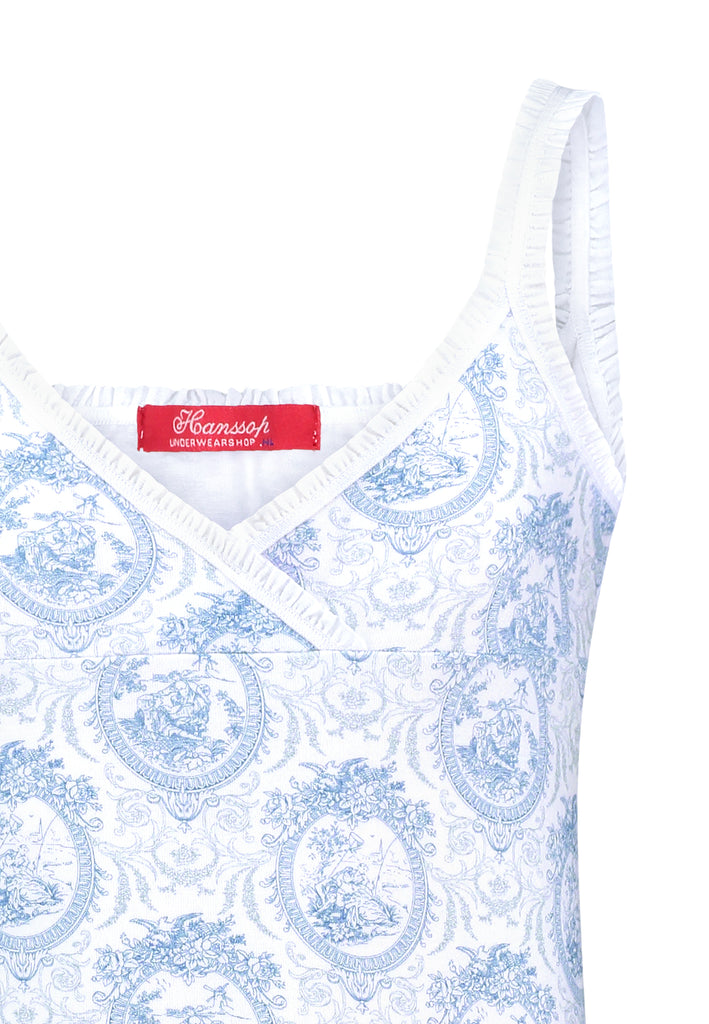 Elegant blue Toile nightdress for girls made from 95% luxury cotton. Soft slipdress with ruffle edges and French V-neckline. Comfortable, feminine and made in Italy.