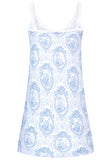 Elegant blue Toile nightdress for girls made from 95% luxury cotton. Soft slipdress with ruffle edges and French V-neckline. Comfortable, feminine and made in Italy.