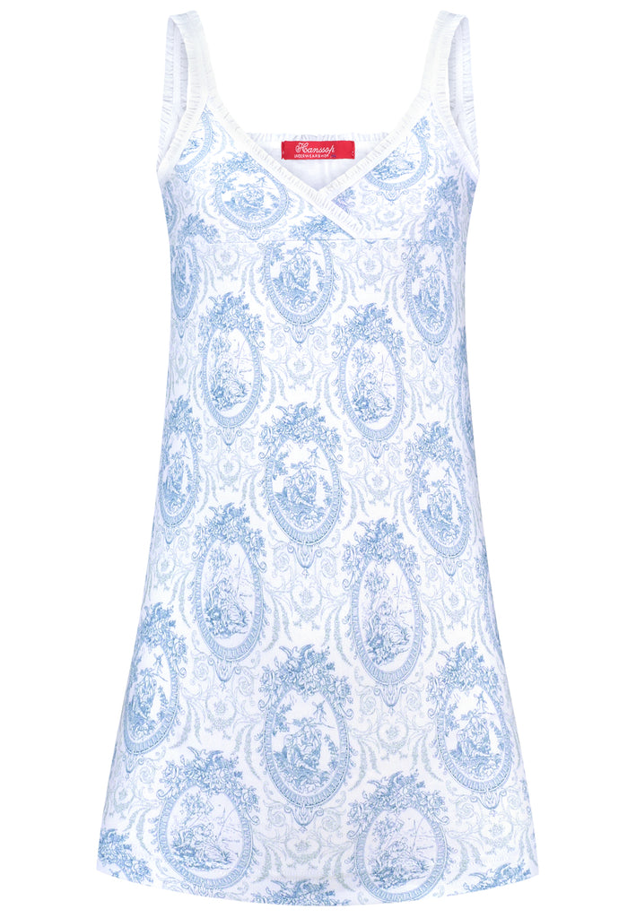 Elegant blue Toile nightdress for girls made from 95% luxury cotton. Soft slipdress with ruffle edges and French V-neckline. Comfortable, feminine and made in Italy.