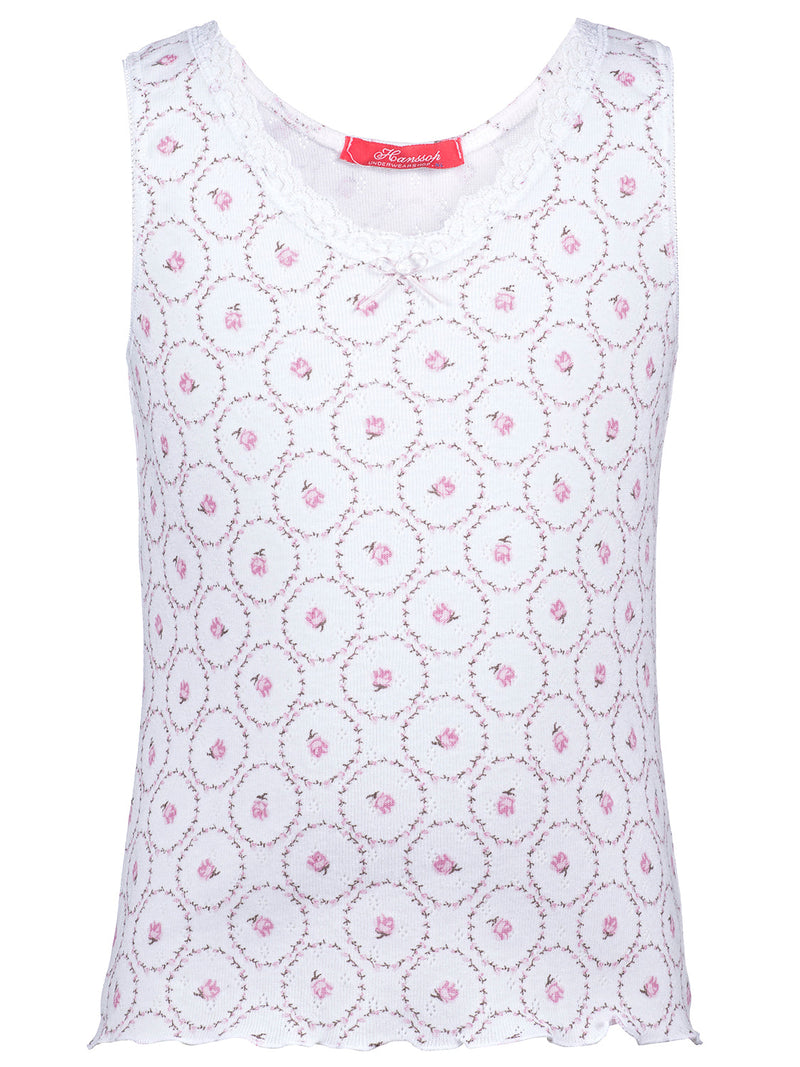 Luxury girls camisole and brief set in rose pink ajour cotton with lace details and cloth flower. Soft, breathable and handmade in Portugal. Available in many sizes.
