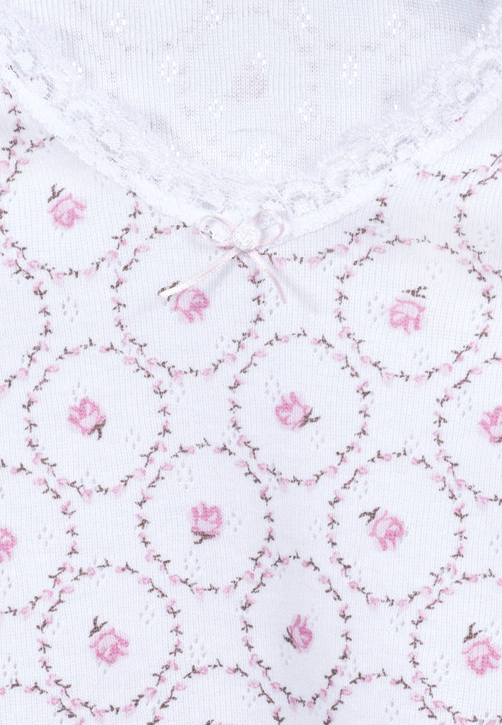 Luxury girls camisole and brief set in rose pink ajour cotton with lace details and cloth flower. Soft, breathable and handmade in Portugal. Available in many sizes.