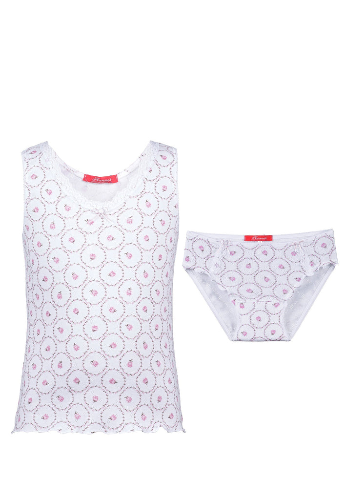 Luxury girls camisole and brief set in rose pink ajour cotton with lace details and cloth flower. Soft, breathable and handmade in Portugal. Available in many sizes.