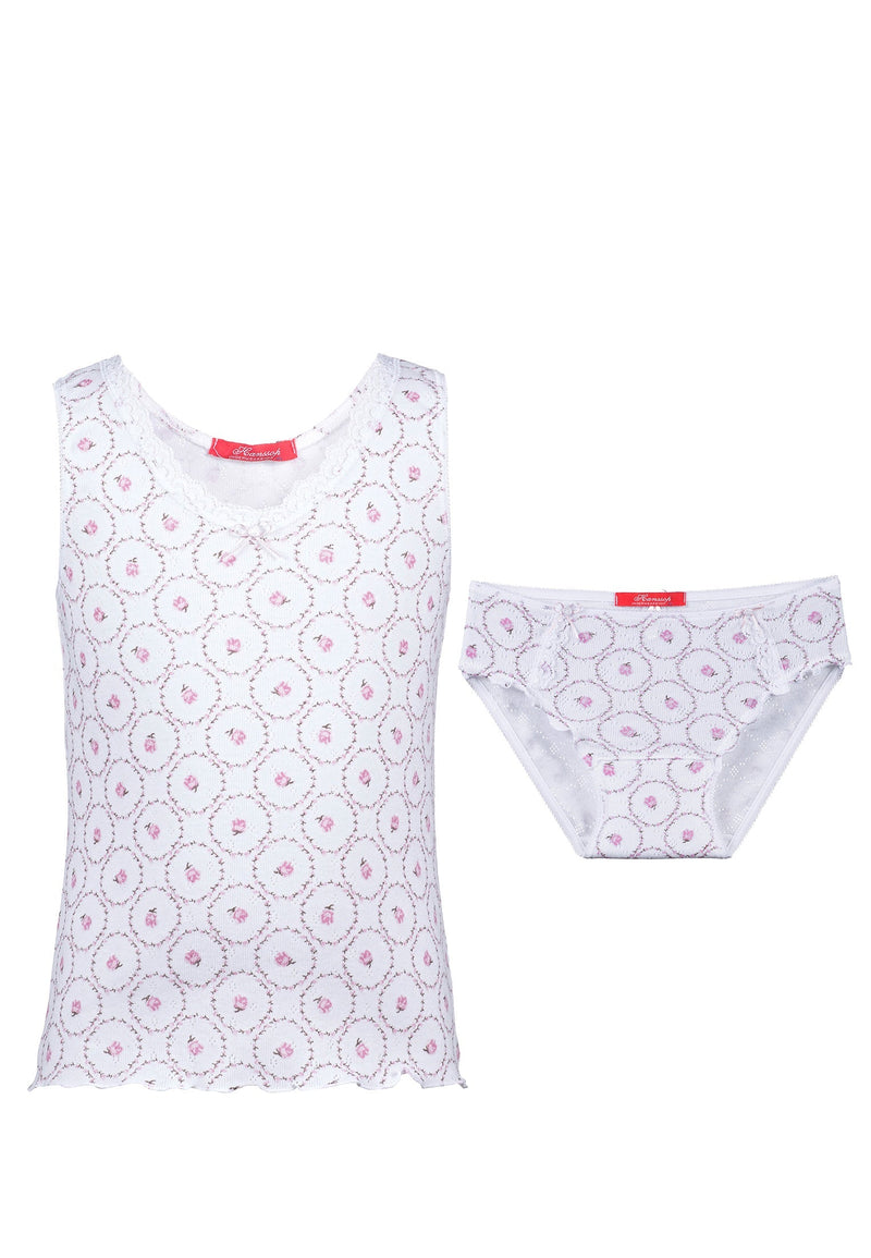 Luxury girls camisole and brief set in rose pink ajour cotton with lace details and cloth flower. Soft, breathable and handmade in Portugal. Available in many sizes.