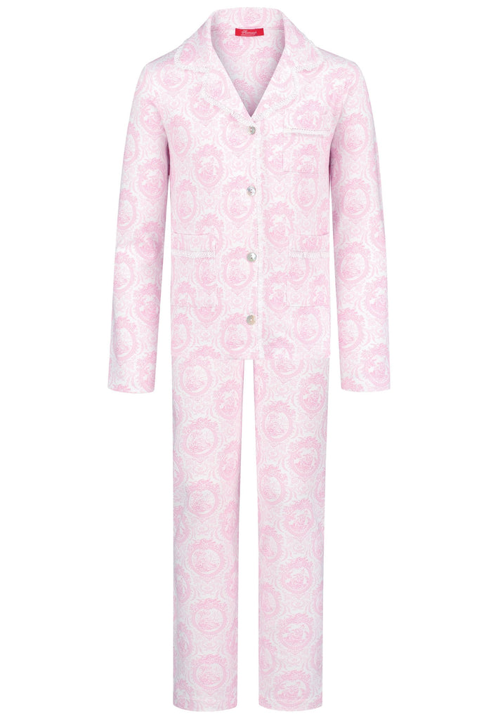 Elegant pink toile girls’ pajamas made from soft cotton with lace edges and pearl buttons. Comfortable, breathable, and perfect for sleeping or relaxing at home.