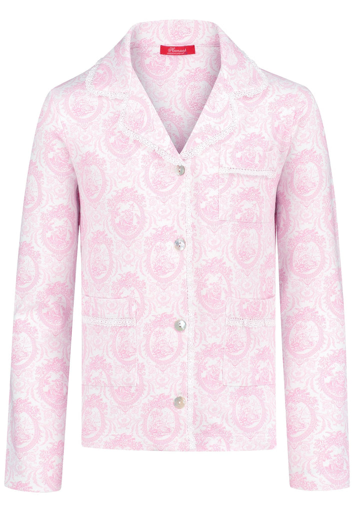 Elegant pink toile girls’ pajamas made from soft cotton with lace edges and pearl buttons. Comfortable, breathable, and perfect for sleeping or relaxing at home.