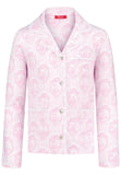 Elegant pink toile girls’ pajamas made from soft cotton with lace edges and pearl buttons. Comfortable, breathable, and perfect for sleeping or relaxing at home.