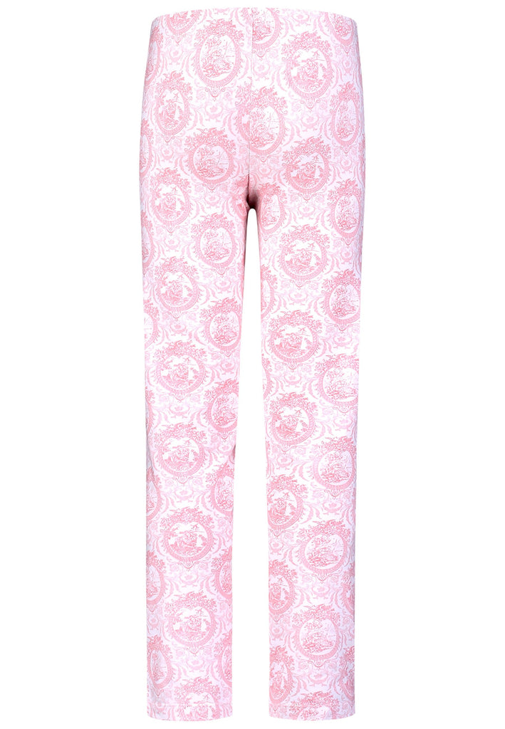 Elegant pink toile girls’ pajamas made from soft cotton with lace edges and pearl buttons. Comfortable, breathable, and perfect for sleeping or relaxing at home.