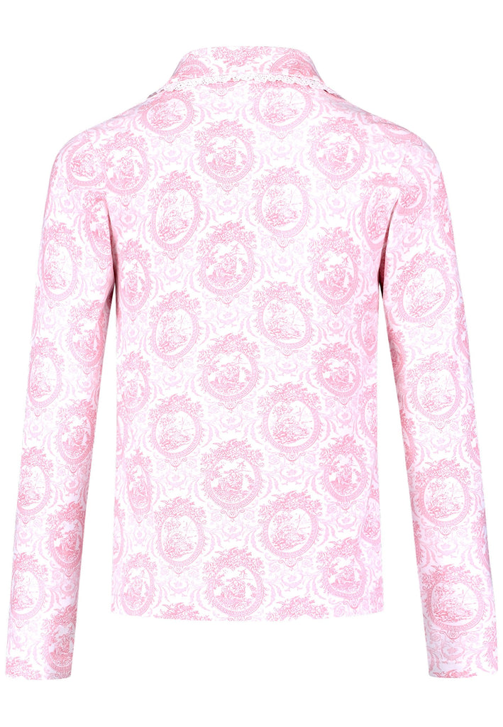 Elegant pink toile girls’ pajamas made from soft cotton with lace edges and pearl buttons. Comfortable, breathable, and perfect for sleeping or relaxing at home.