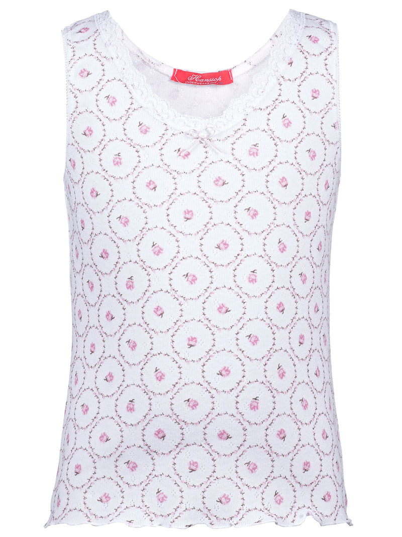 Luxury girls camisole and brief set in rose pink ajour cotton with lace details and cloth flower. Soft, breathable and handmade in Portugal. Available in many sizes.