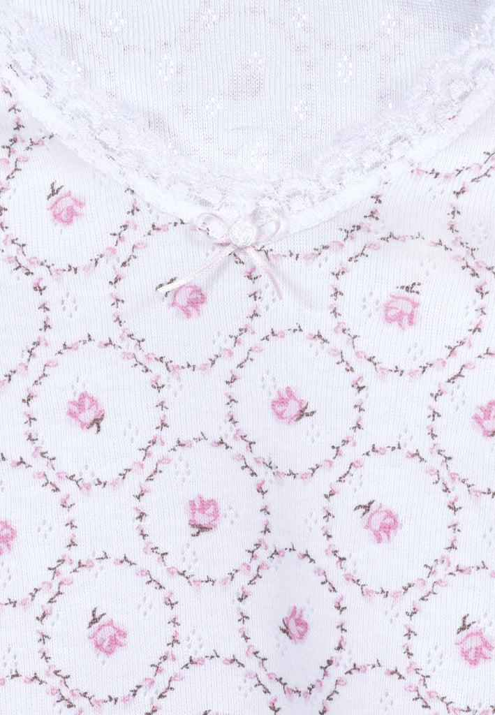 Luxury girls camisole and brief set in rose pink ajour cotton with lace details and cloth flower. Soft, breathable and handmade in Portugal. Available in many sizes.