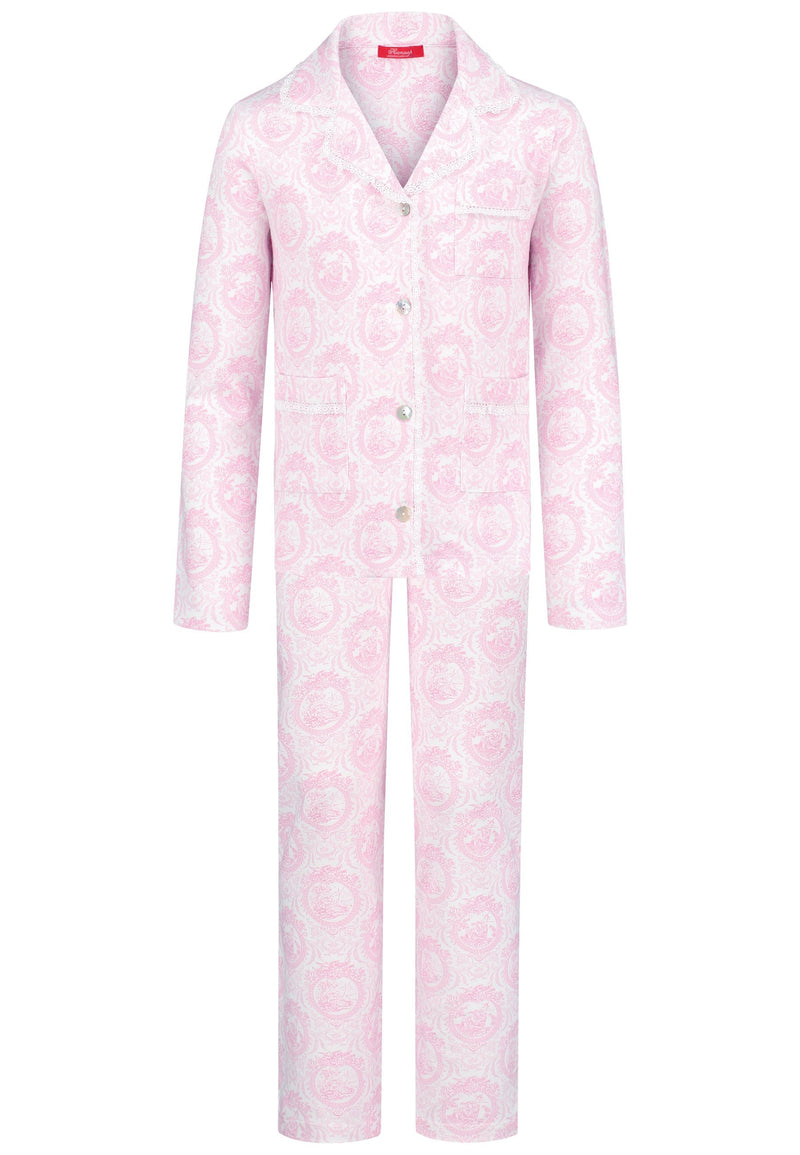 Elegant pink toile girls’ pajamas made from soft cotton with lace edges and pearl buttons. Comfortable, breathable, and perfect for sleeping or relaxing at home.