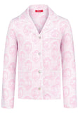 Elegant pink toile girls’ pajamas made from soft cotton with lace edges and pearl buttons. Comfortable, breathable, and perfect for sleeping or relaxing at home.