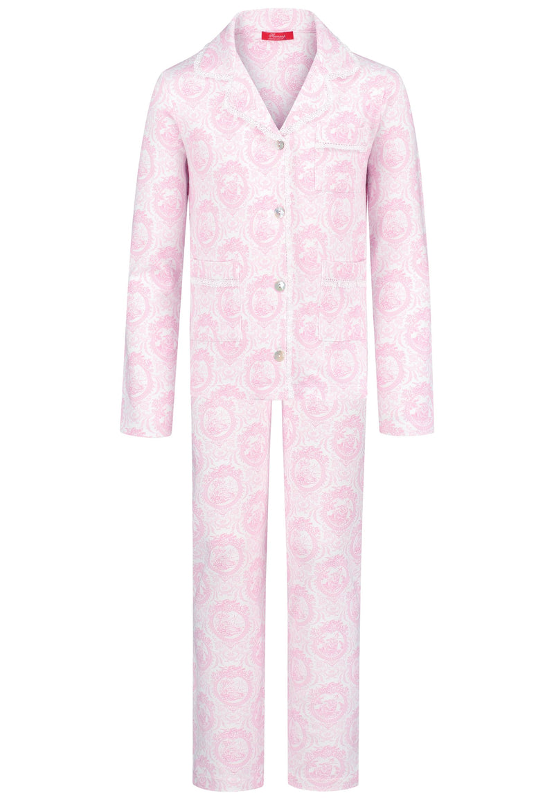 Elegant pink toile girls’ pajamas made from soft cotton with lace edges and pearl buttons. Comfortable, breathable, and perfect for sleeping or relaxing at home.