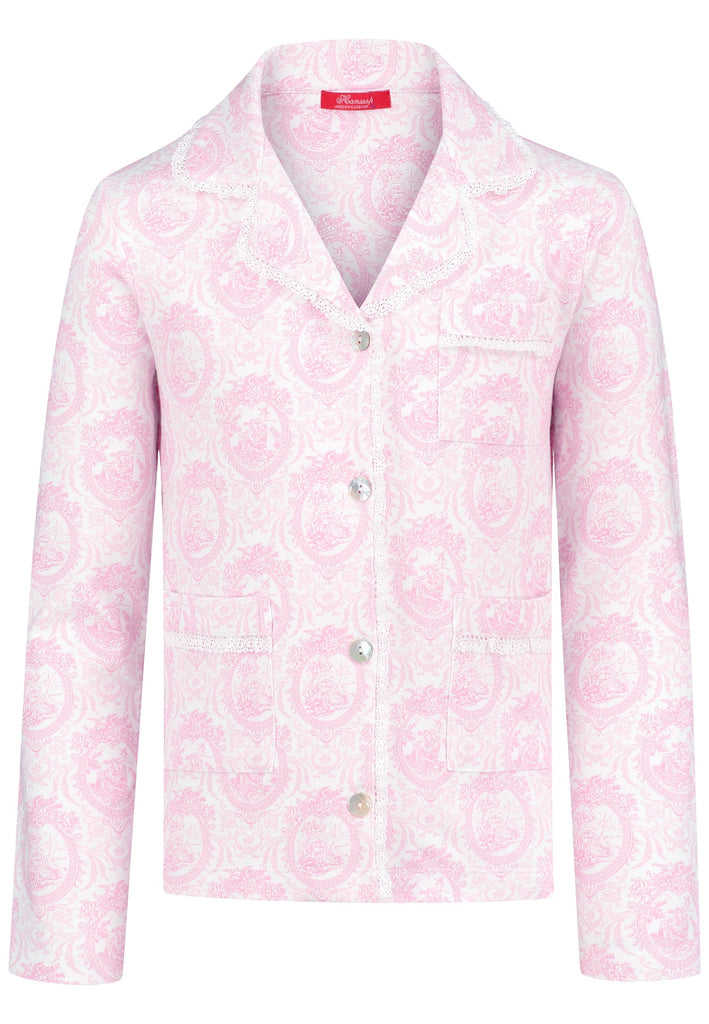 Elegant pink toile girls’ pajamas made from soft cotton with lace edges and pearl buttons. Comfortable, breathable, and perfect for sleeping or relaxing at home.